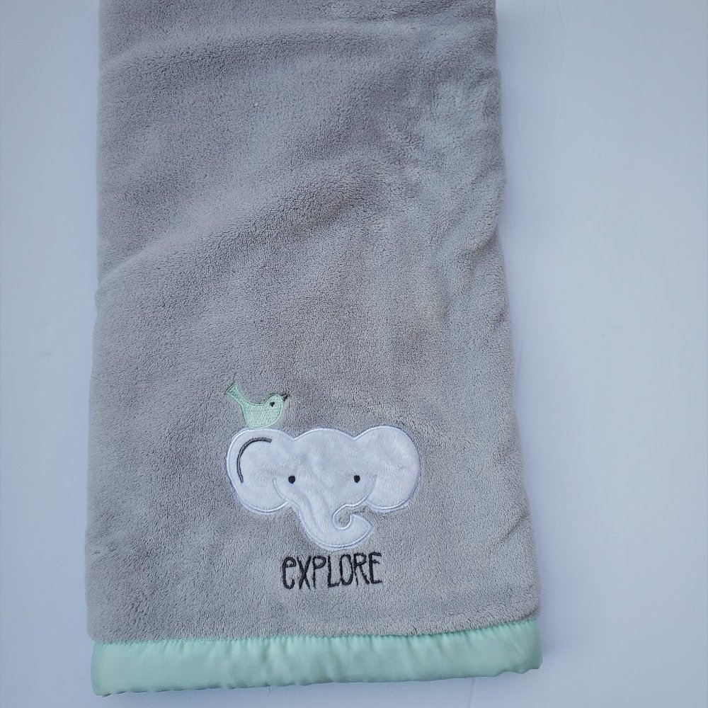 Just Born Explore Elephant Baby Blanket Grey Bird Mint Satin Edge Trim
